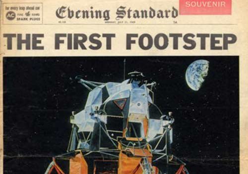 Newspaper headline about the first moon landing
